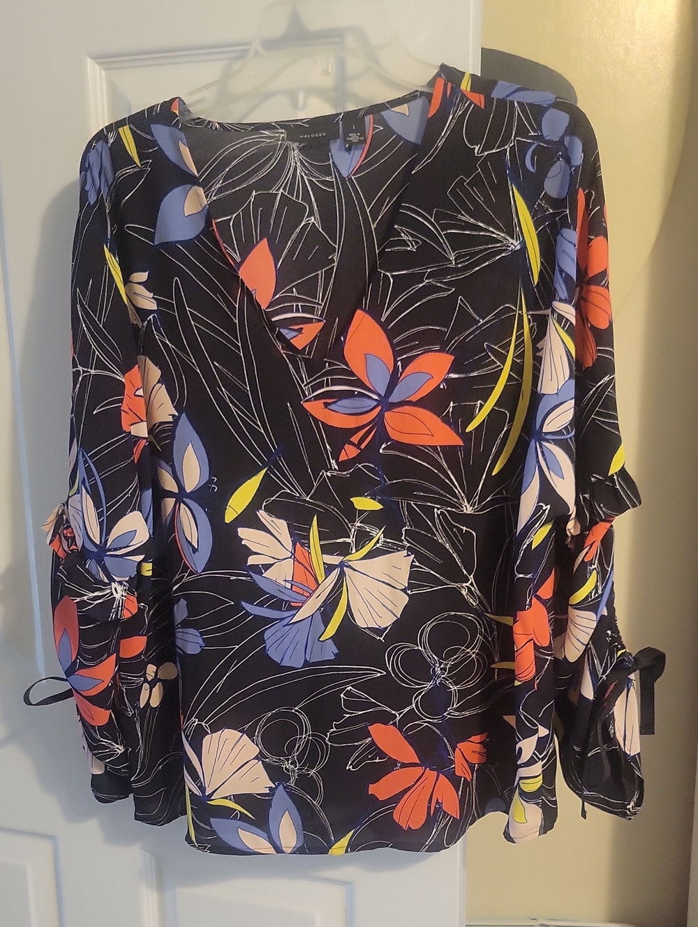 Halogen Sz1 Black Floral Tie-Sleeve Blouse with Coral, Blue & Yellow Accents